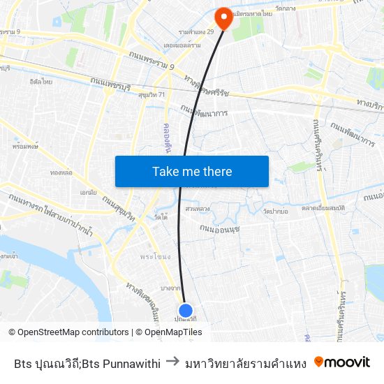 Bts ปุณณวิถี;Bts Punnawithi to มหาวิทยาลัยรามคำแหง map