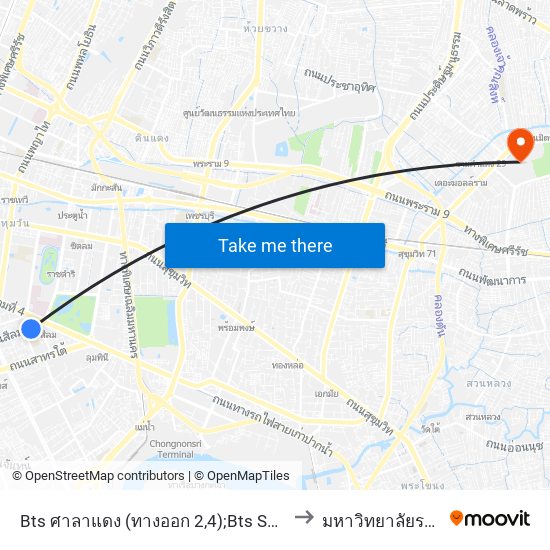 Bts ศาลาแดง (ทางออก 2,4);Bts Saladaeng (Exit 2,4) to มหาวิทยาลัยรามคำแหง map