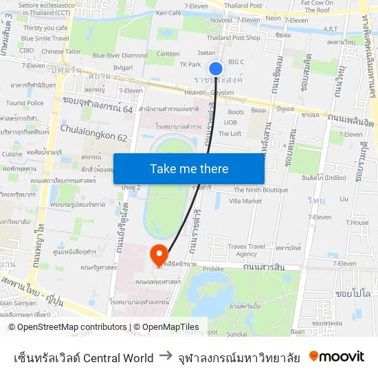 เซ็นทรัลเวิลด์ Central World to จุฬาลงกรณ์มหาวิทยาลัย map