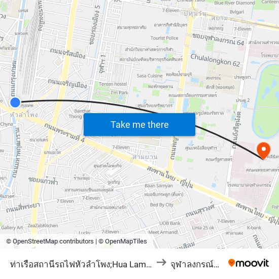 ท่าเรือสถานีรถไฟหัวลำโพง;Hua Lamphong Railway Station Pier to จุฬาลงกรณ์มหาวิทยาลัย map