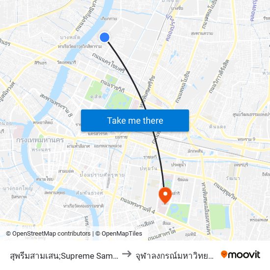 สุพรีมสามเสน;Supreme Samsen to จุฬาลงกรณ์มหาวิทยาลัย map