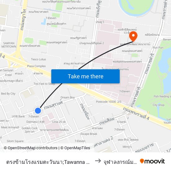 ตรงข้ามโรงแรมตะวันนา;Tawanna Bangkok Hotel (Opposite) to จุฬาลงกรณ์มหาวิทยาลัย map