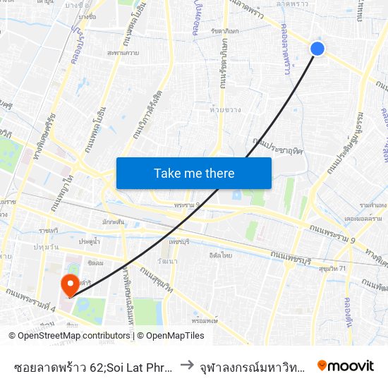 ซอยลาดพร้าว 62;Soi Lat Phrao 62 to จุฬาลงกรณ์มหาวิทยาลัย map