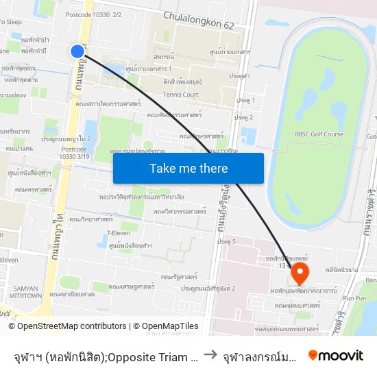 จุฬาฯ (หอพักนิสิต);Opposite Triam Udom Suksa School to จุฬาลงกรณ์มหาวิทยาลัย map