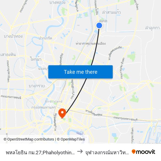 พหลโยธิน กม.27;Phaholyothin Km.27 to จุฬาลงกรณ์มหาวิทยาลัย map