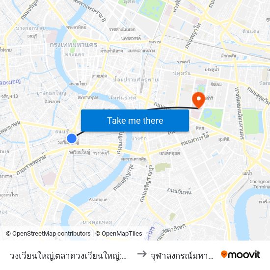 วงเวียนใหญ่,ตลาดวงเวียนใหญ่;Wongwian Yai to จุฬาลงกรณ์มหาวิทยาลัย map