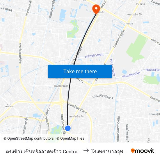 ตรงข้ามเซ็นทรัลลาดพร้าว  Central Ladprao to โรงพยาบาลจุฬาภรณ์ map