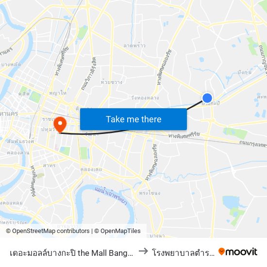 เดอะมอลล์บางกะปิ the Mall Bangkapi to โรงพยาบาลตำรวจ map