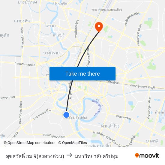 สุขสวัสดิ์ กม.9(ลงทางด่วน) to มหาวิทยาลัยศรีปทุม map