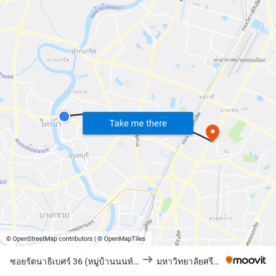 ซอยรัตนาธิเบศร์ 36 (หมู่บ้านนนท์ณิชา) to มหาวิทยาลัยศรีปทุม map