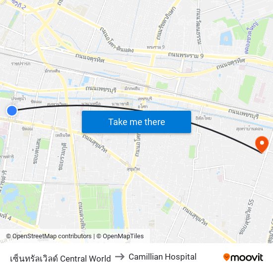 เซ็นทรัลเวิลด์ Central World to Camillian Hospital map