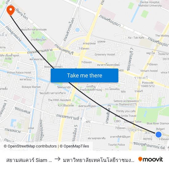 สยามสแควร์ Siam Square to มหาวิทยาลัยเทคโนโลยีราชมงคลพระนคร map