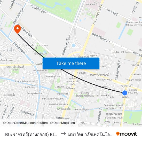 Bts ราชเทวี(ทางออก3) Bts Ratchathewi (Exit 3) to มหาวิทยาลัยเทคโนโลยีราชมงคลพระนคร map