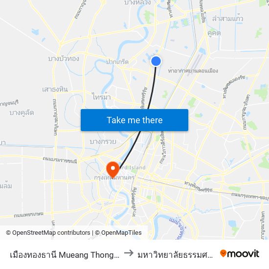 เมืองทองธานี Mueang Thong Thani to มหาวิทยาลัยธรรมศาสตร์ map