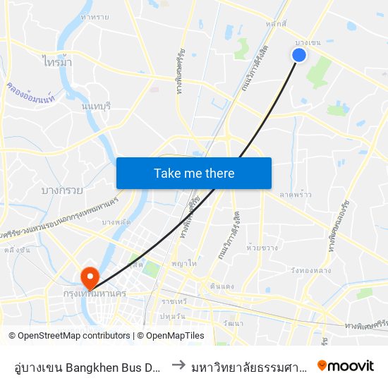 อู่บางเขน Bangkhen Bus Depot to มหาวิทยาลัยธรรมศาสตร์ map