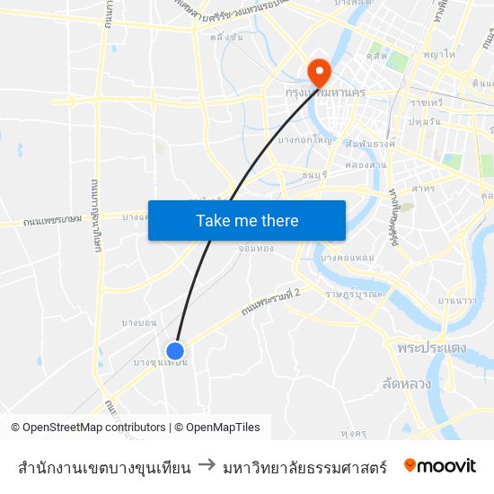 สำนักงานเขตบางขุนเทียน to มหาวิทยาลัยธรรมศาสตร์ map