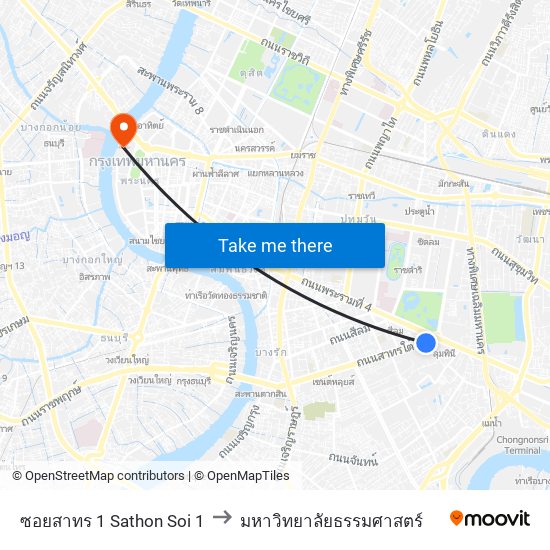 ซอยสาทร 1 Sathon Soi 1 to มหาวิทยาลัยธรรมศาสตร์ map