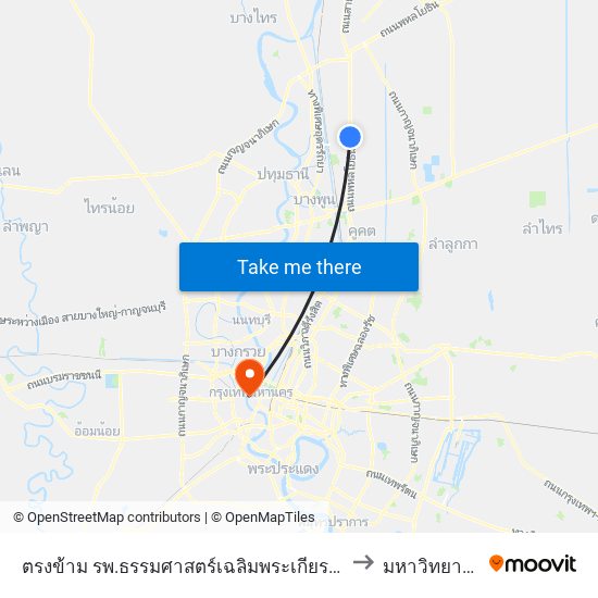 ตรงข้าม รพ.ธรรมศาสตร์เฉลิมพระเกียรติ;Opposite Thammasat University Hospital to มหาวิทยาลัยธรรมศาสตร์ map