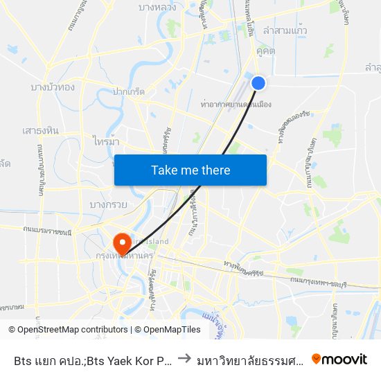 Bts แยก คปอ.;Bts Yaek Kor Por Aor to มหาวิทยาลัยธรรมศาสตร์ map