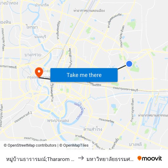 หมู่บ้านธารารมณ์;Thararom Village to มหาวิทยาลัยธรรมศาสตร์ map