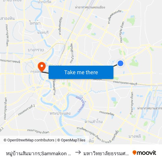 หมู่บ้านสัมมากร;Sammakon Village to มหาวิทยาลัยธรรมศาสตร์ map