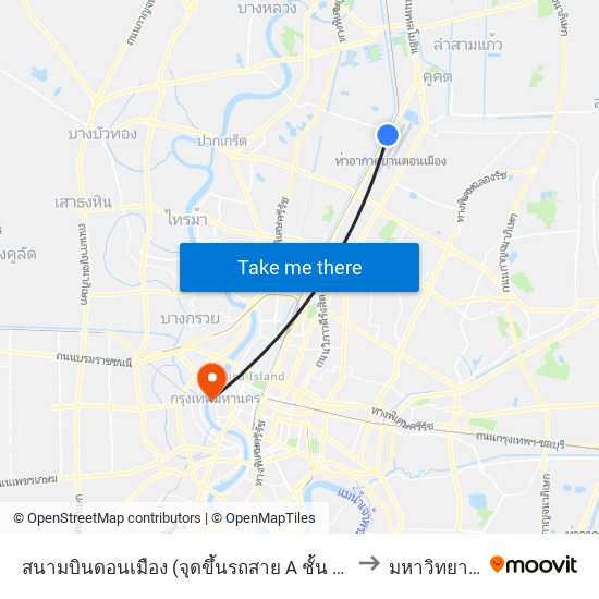 สนามบินดอนเมือง (จุดขึ้นรถสาย A ชั้น 1 ประตู 6);Don Muang Airport Terminal 1 (Exit 6) to มหาวิทยาลัยธรรมศาสตร์ map