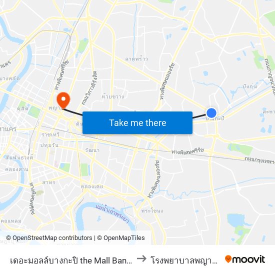 เดอะมอลล์บางกะปิ the Mall Bangkapi to โรงพยาบาลพญาไท 2 map