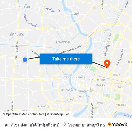 สถานีขนส่งสายใต้ใหม่(ตลิ่งชัน) to โรงพยาบาลพญาไท 2 map