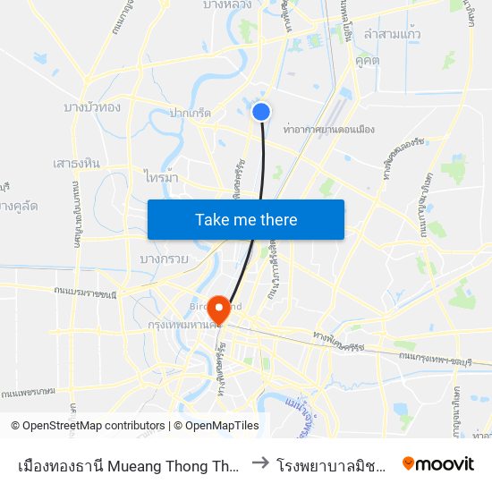 เมืองทองธานี Mueang Thong Thani to โรงพยาบาลมิชชั่น map