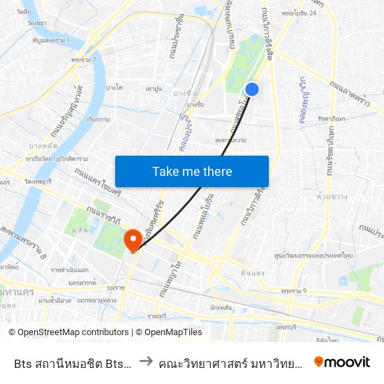 Bts สถานีหมอชิต Bts Mochit to คณะวิทยาศาสตร์ มหาวิทยาลัยมหิดล map