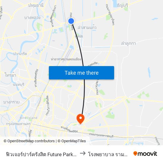 ฟิวเจอร์ปาร์ครังสิต Future Park Rangsit to โรงพยาบาล รามคำแหง map