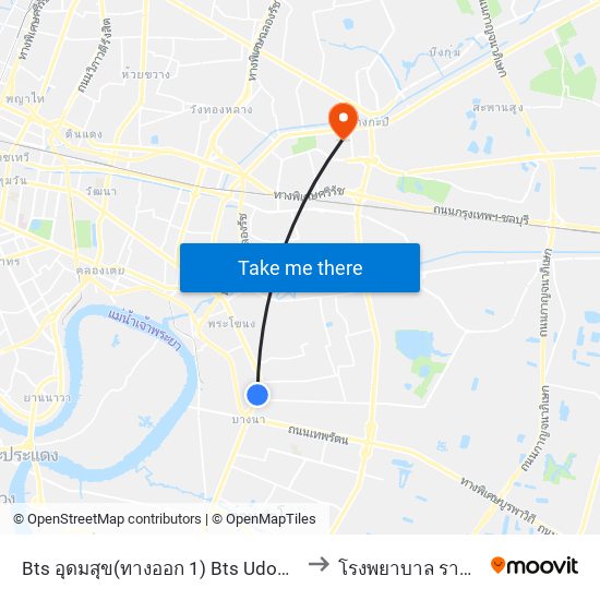 Bts อุดมสุข(ทางออก 1) Bts Udomsuk (Exit 1) to โรงพยาบาล รามคำแหง map