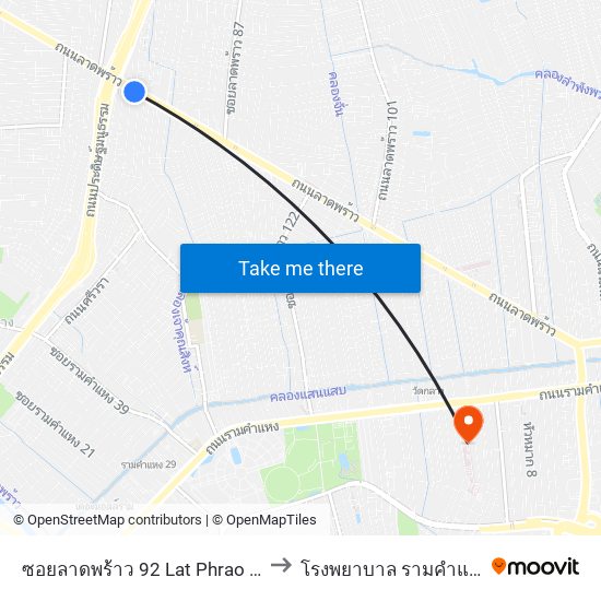 ซอยลาดพร้าว 92 Lat Phrao 92 to โรงพยาบาล รามคำแหง map