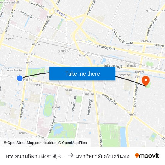 Bts สนามกีฬาแห่งชาติ;Bts National Stadium to มหาวิทยาลัยศรีนครินทรวิโรฒ ประสานมิตร map