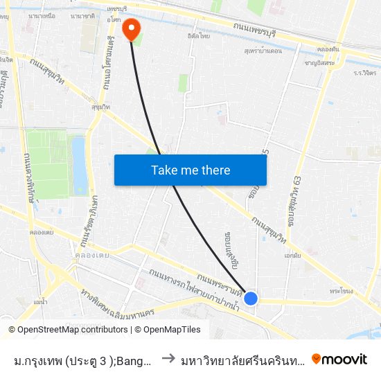 ม.กรุงเทพ (ประตู 3 );Bangkok University (Gate 3) to มหาวิทยาลัยศรีนครินทรวิโรฒ ประสานมิตร map