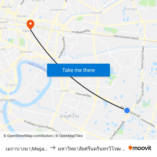 เมกาบางนา;Mega Bangna to มหาวิทยาลัยศรีนครินทรวิโรฒ ประสานมิตร map