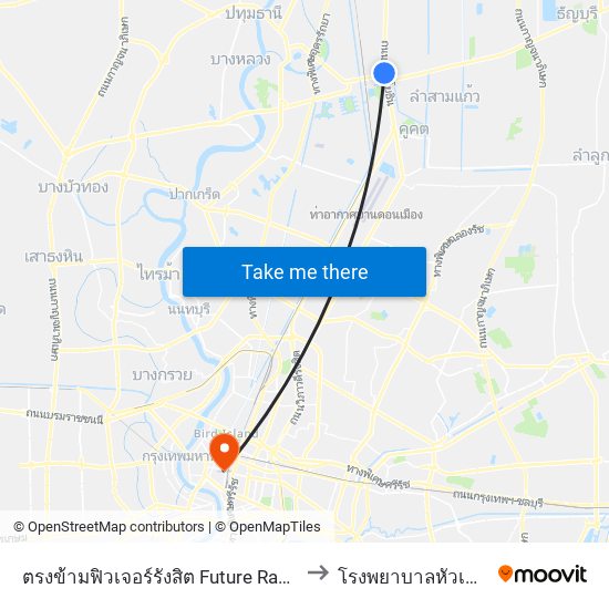 ตรงข้ามฟิวเจอร์รังสิต Future Rangsit to โรงพยาบาลหัวเฉียว map