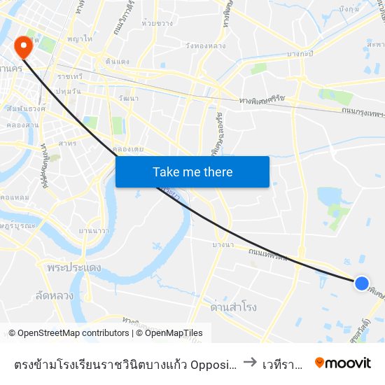 ตรงข้ามโรงเรียนราชวินิตบางแก้ว Opposite Ratwinit Bangkaeo School to เวทีราชดำเนิน map