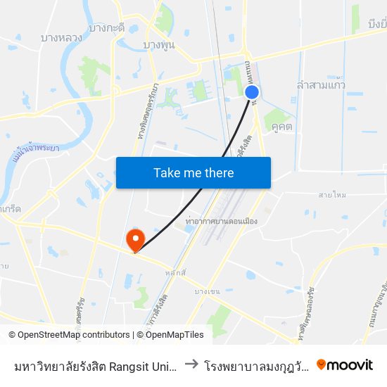 มหาวิทยาลัยรังสิต Rangsit University to โรงพยาบาลมงกุฎวัฒนะ map