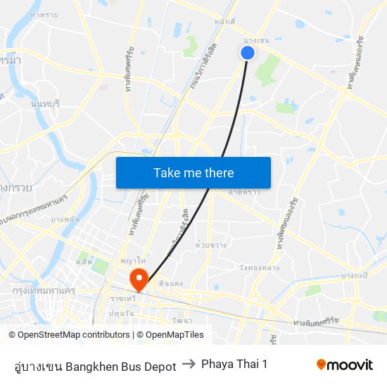อู่บางเขน Bangkhen Bus Depot to Phaya Thai 1 map
