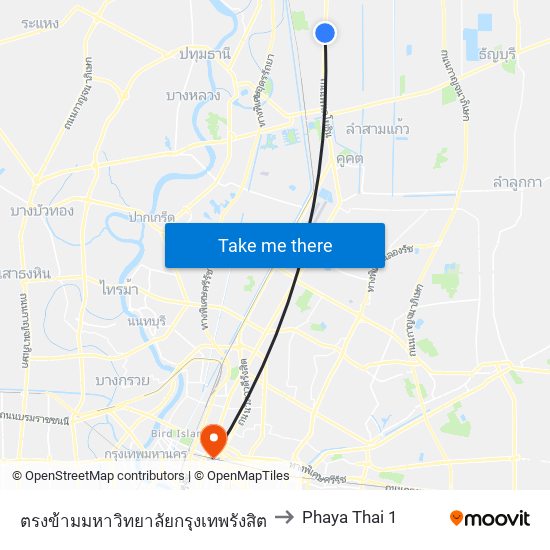 ตรงข้ามมหาวิทยาลัยกรุงเทพรังสิต to Phaya Thai 1 map
