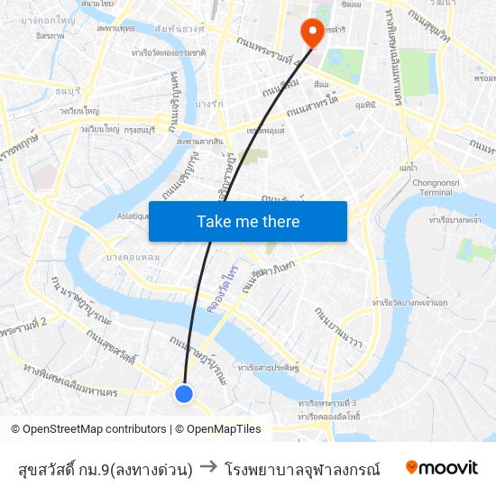 สุขสวัสดิ์ กม.9(ลงทางด่วน) to โรงพยาบาลจุฬาลงกรณ์ map