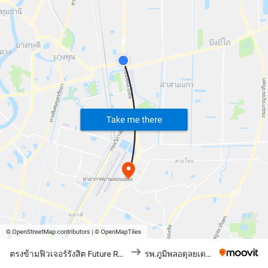 ตรงข้ามฟิวเจอร์รังสิต Future Rangsit to รพ.ภูมิพลอดุลยเดช พอ map