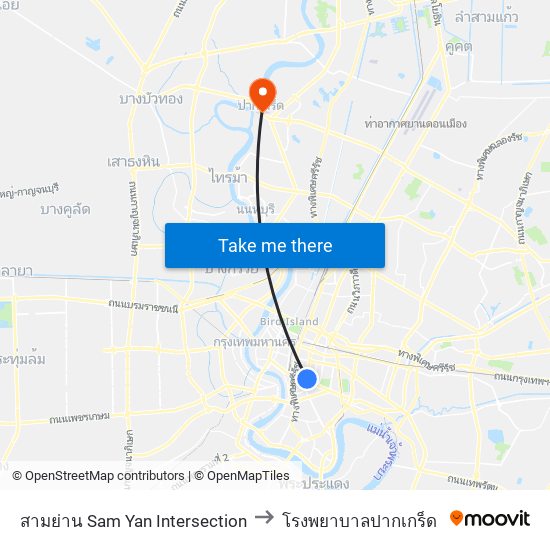 สามย่าน Sam Yan Intersection to โรงพยาบาลปากเกร็ด map