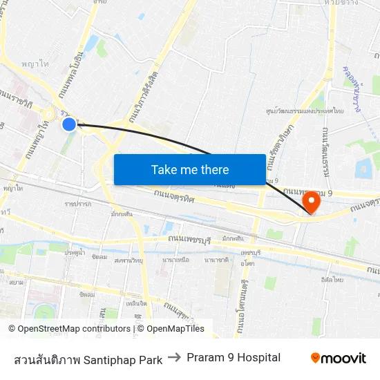 Santiphap Park to Praram 9 Hospital map