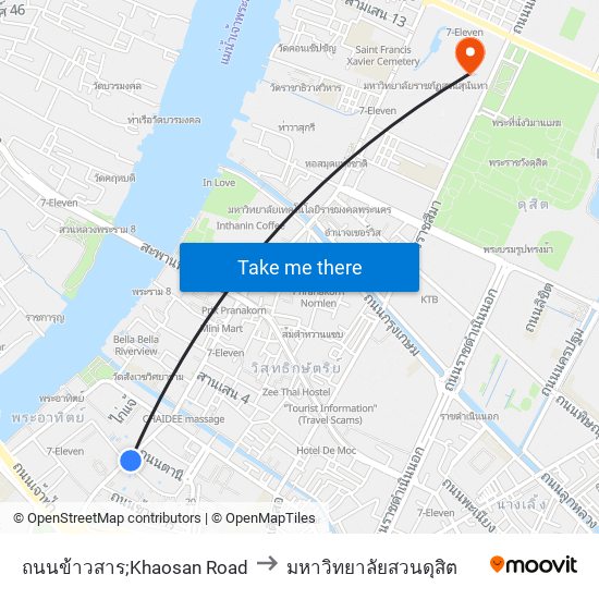 ถนนข้าวสาร;Khaosan Road to มหาวิทยาลัยสวนดุสิต map