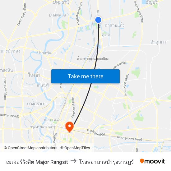 เมเจอร์รังสิต Major Rangsit to โรงพยาบาลบำรุงราษฎร์ map