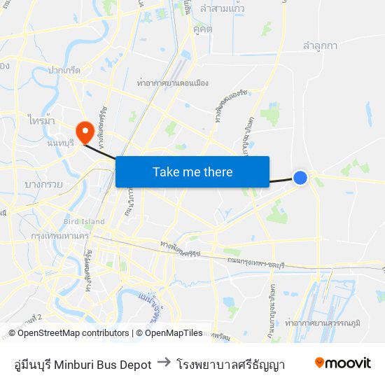 อู่มีนบุรี Minburi Bus Depot to โรงพยาบาลศรีธัญญา map