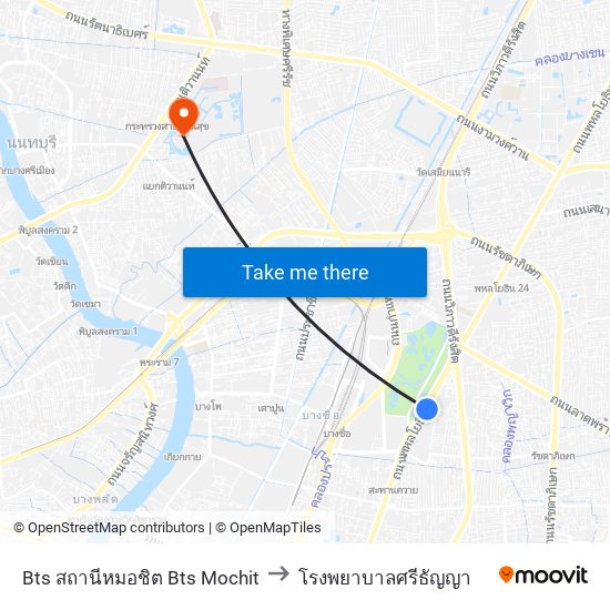 Bts สถานีหมอชิต Bts Mochit to โรงพยาบาลศรีธัญญา map