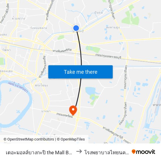 เดอะมอลล์บางกะปิ the Mall Bangkapi to โรงพยาบาลไทยนครินทร์ map